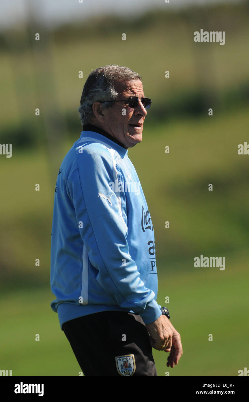 Montevideo, Uruguay. 14th May, 2014. Coach of the Uruguayan national football team Oscar Tabarez attends a training sesion, prior to the 2014 FIFA World Cup Brazil, in the High Performance Complex Uruguay Celeste, in Montevideo, capital of Uruguay, on May 14, 2014. Credit:  Nicolas Celaya/Xinhua/Alamy Live News Stock Photo