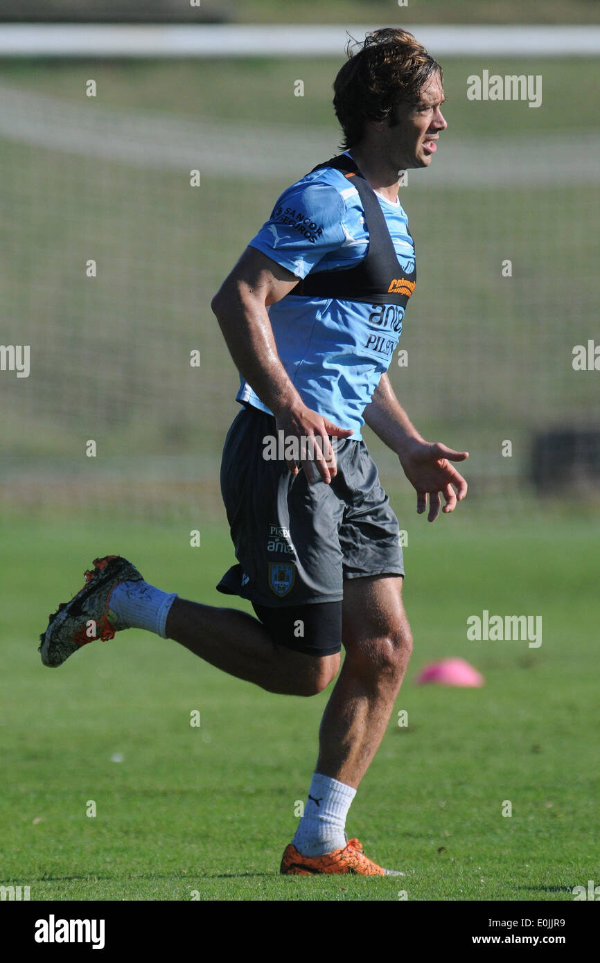 Montevideo, Uruguay. 14th May, 2014. Player of the Uruguayan national football team Diego Lugano attends a training sesion, prior to the 2014 FIFA World Cup Brazil, in the High Performance Complex Uruguay Celeste, in Montevideo, capital of Uruguay, on May 14, 2014. Credit:  Nicolas Celaya/Xinhua/Alamy Live News Stock Photo
