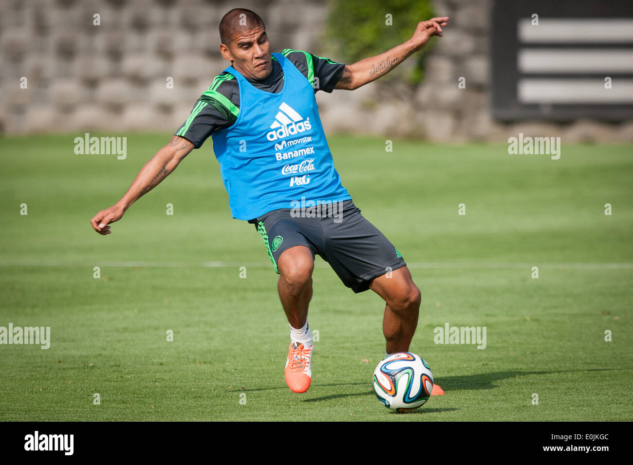 Mexico City, Mexico. 14th May, 2014. Carlos Salcido from Mexico's national soccer team takes part in a training session, in Mexico City, capital of Mexico, on May 14, 2014. Credit:  Pedro Mera/Xinhua/Alamy Live News Stock Photo