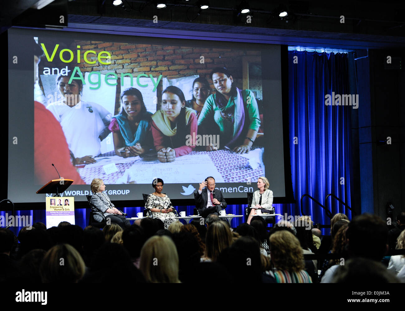 Washington DC, USA. 14th May, 2014. World Bank Group President Jim Yong Kim (2nd R) speaks at the launch ceremony of World Bank Group's new report 'Voice and Agency: Empowering Women and Girls for Shared Prosperity finds' in Washington, DC, capital of the United States, May 14, 2014. Girls with little or no education are far more likely to be married as children, suffer domestic violence, live in poverty, and lack a say over household spending or their own health care than better-educated peers, according to the new report by the World Bank Group on Wednesday. Credit:  Xinhua/Alamy Live News Stock Photo