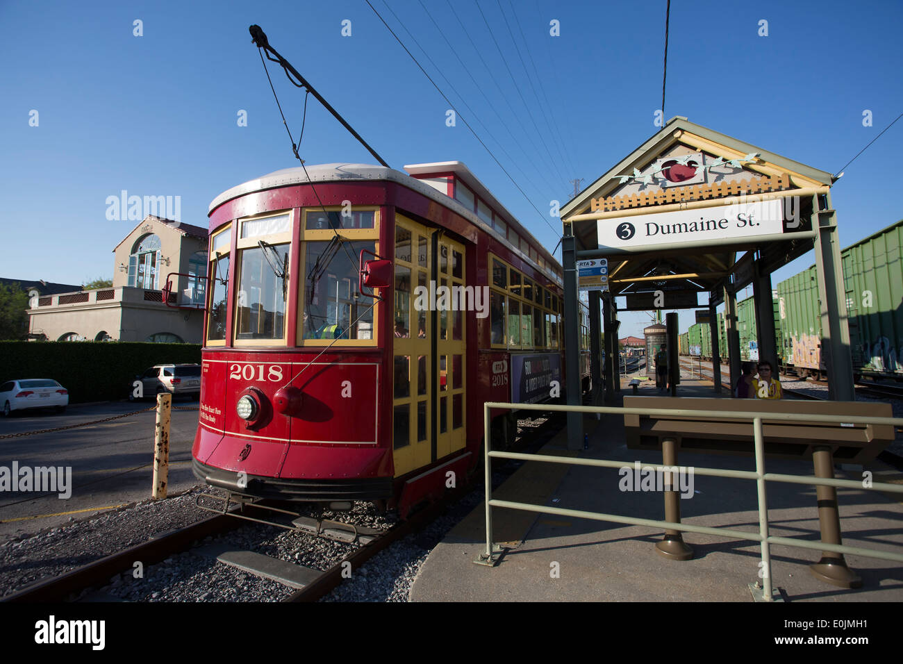 Streetcar at Dumaine St., New Orleans, Louisiana. Stock Photo