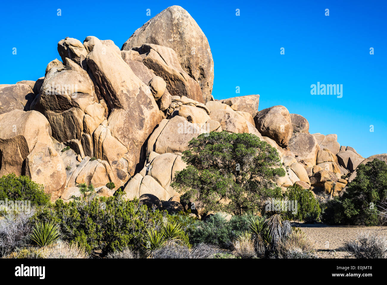 Live Oak rest area. Rock formation called 'The Pope's Hat.' Joshua Tree National Park, California, United States. Stock Photo