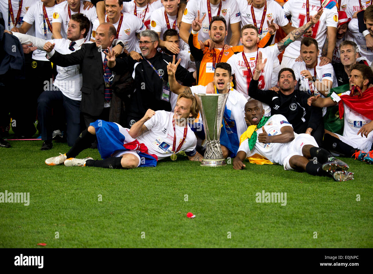 Turin, Italy. 14th May, 2014. Sevilla team group Football/Soccer : Ivan Rakitic and Steephane Mbia of Sevilla celebrate with the trophy after winning the UEFA Europa League Final match between Sevilla FC 0(4-2)0 SL Benfica at Juventus Stadium in Turin, Italy . © Maurizio Borsari/AFLO/Alamy Live News Stock Photo