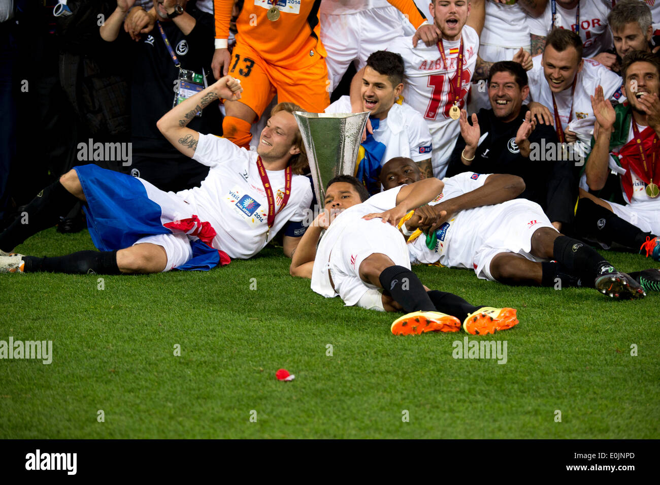 Turin, Italy. 14th May, 2014. Sevilla team group Football/Soccer : Ivan Rakitic and Steephane Mbia of Sevilla celebrate with the trophy after winning the UEFA Europa League Final match between Sevilla FC 0(4-2)0 SL Benfica at Juventus Stadium in Turin, Italy . © Maurizio Borsari/AFLO/Alamy Live News Stock Photo