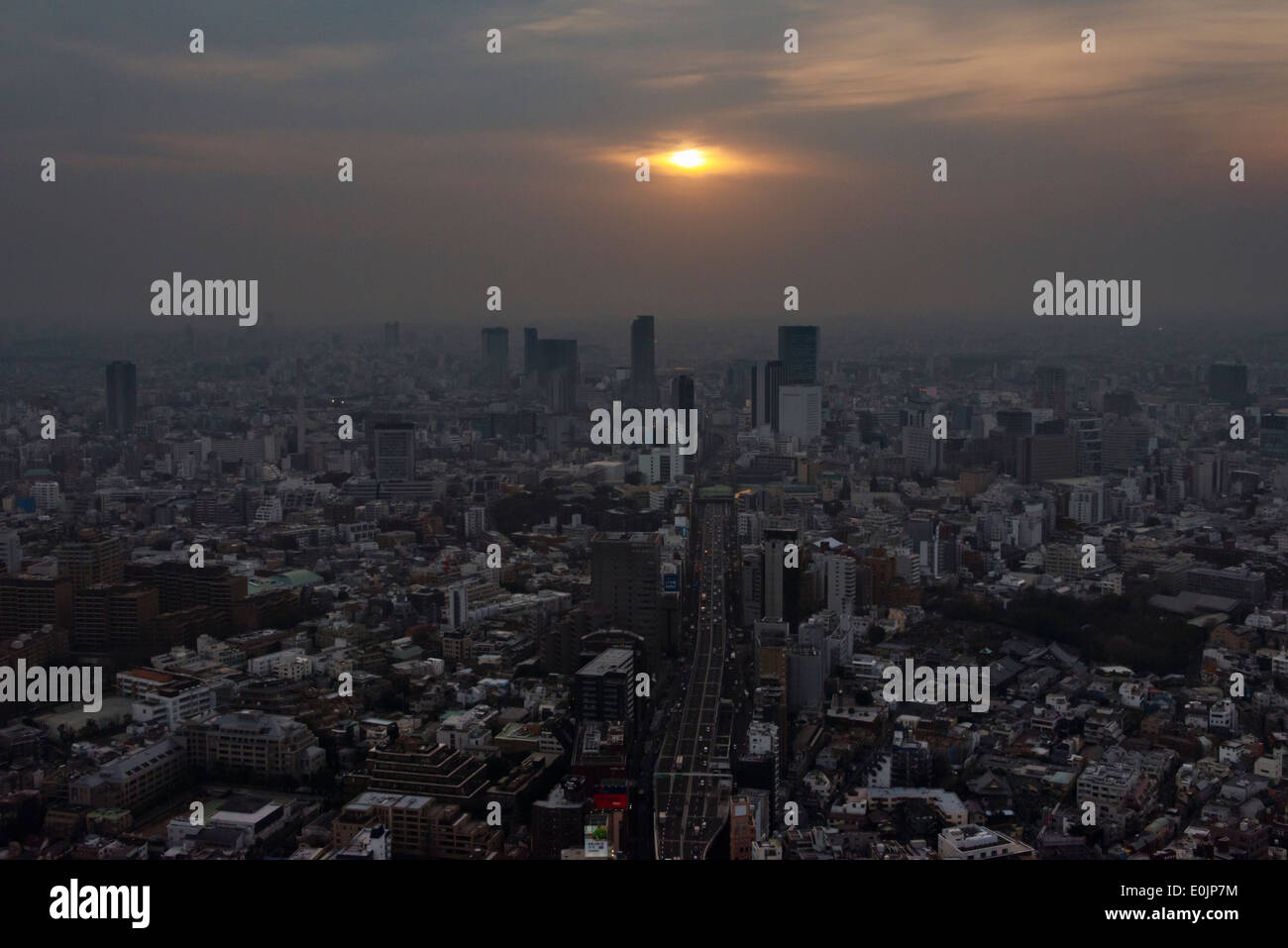 Aerial view of downtown high rises at dusk, Tokyo, Japan Stock Photo