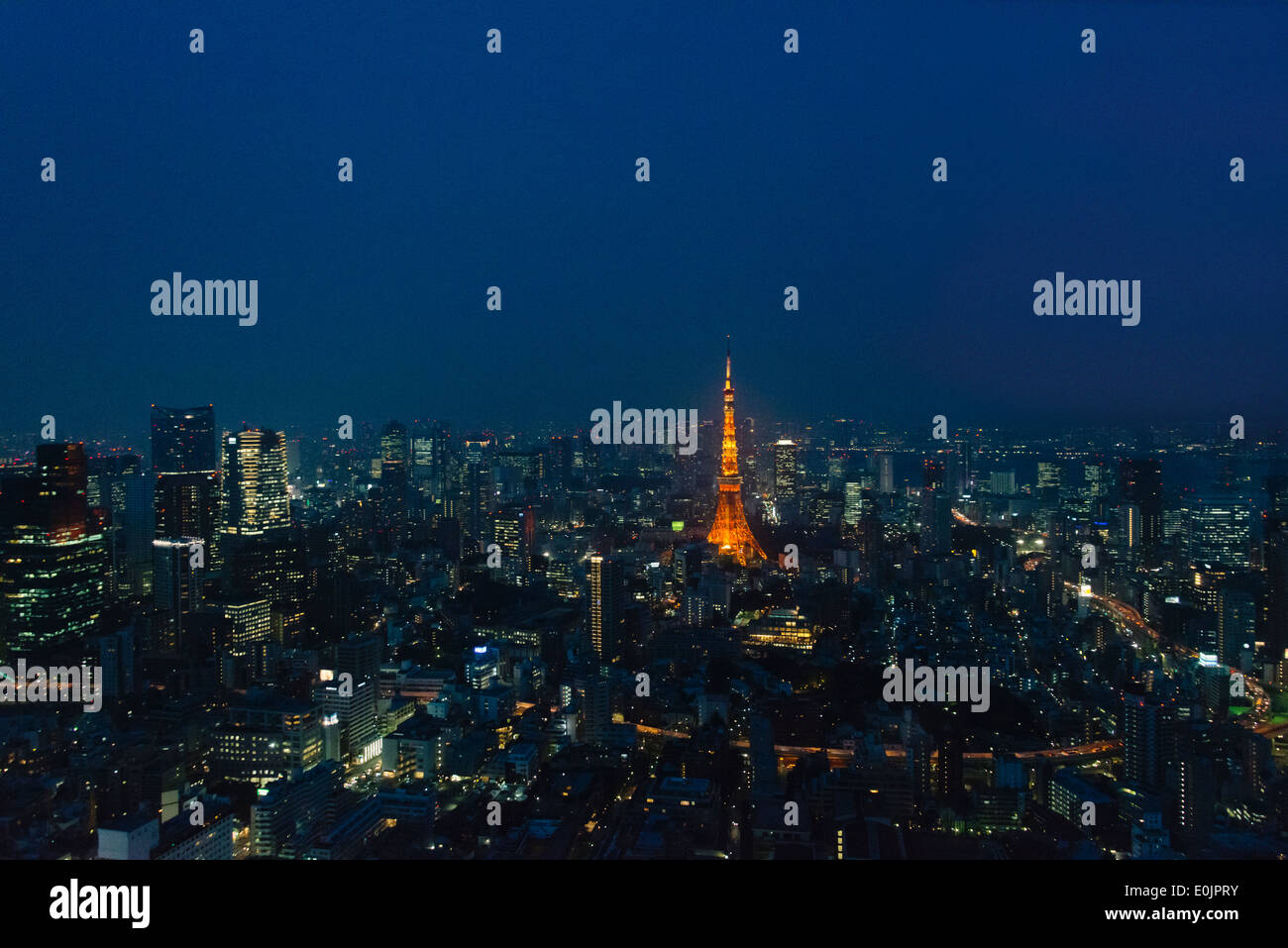 Night view of Tokyo cityscape dominated by Tokyo Tower, Tokyo, Japan Stock Photo