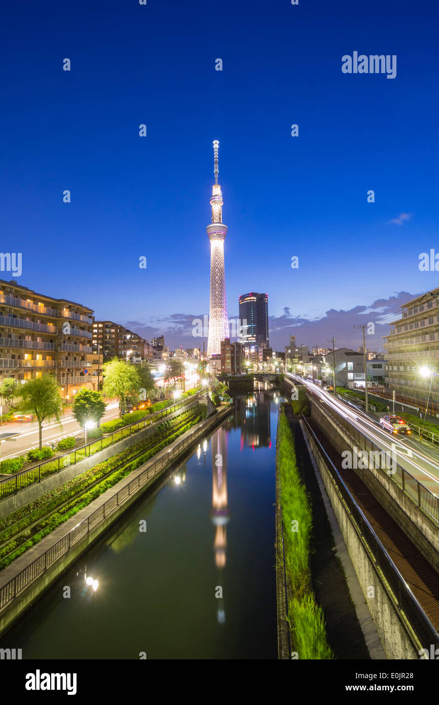 Tokyo skytree and Kitajikken River in Tokyo Stock Photo