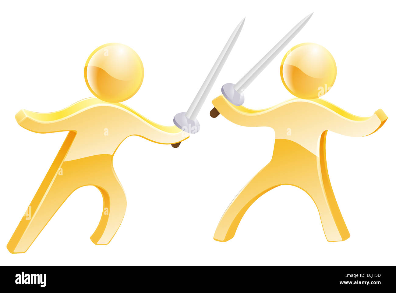 Sword fight concept of two gold men fighting with swords Stock Photo Alamy