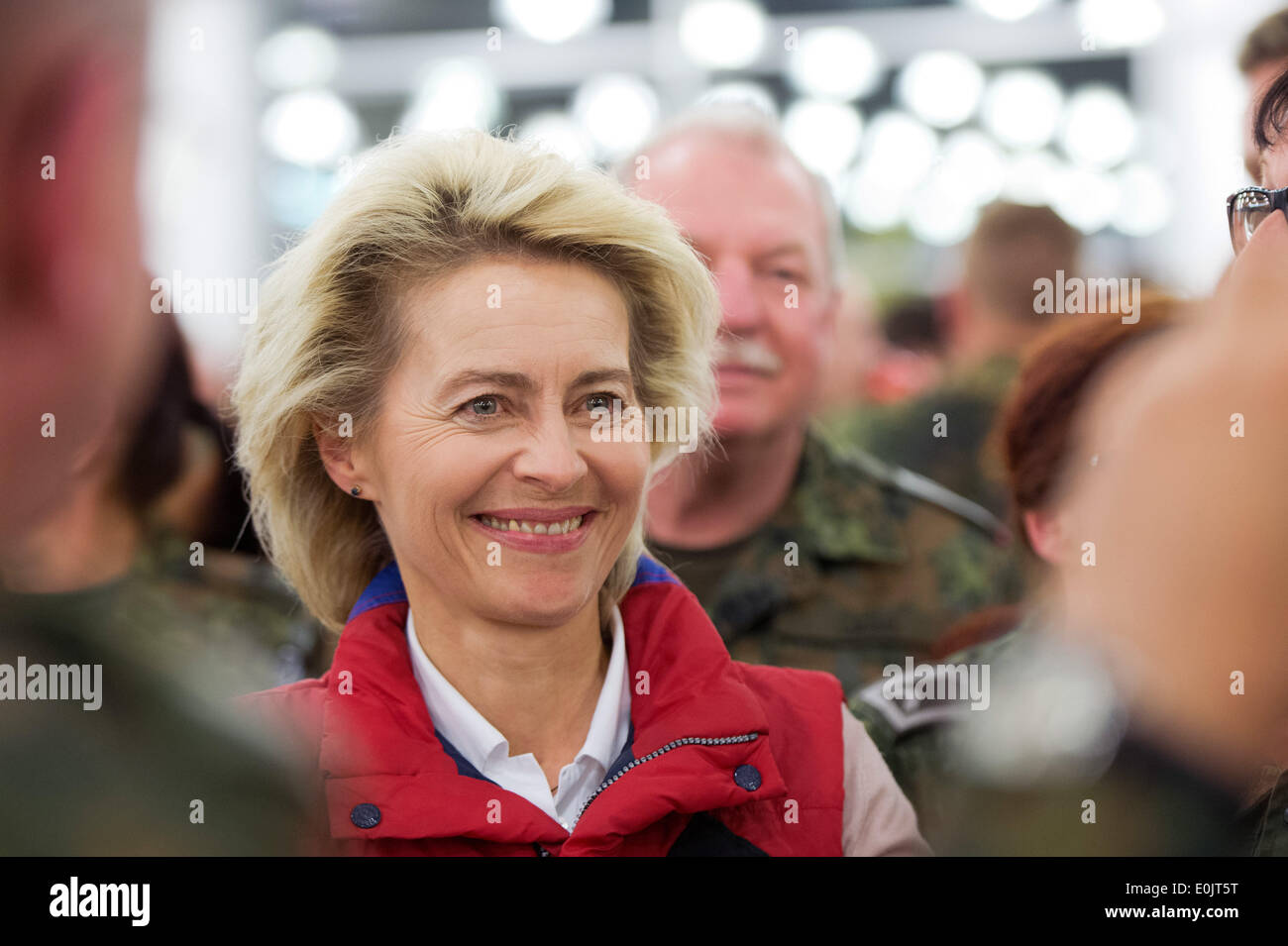 Camp Prizren, Kosovo. 14th May, 2014. German Defence Minister Ursula von der Leyen meets soldiers at Camp Prizren in Kosovo, 14 May 2014. Von der Leyen was to meet German soldiers at the camps in Prizren and Novo Selo, as well as visit the NATO headquarters in Pristina. Photo: Maurizio Gambarini/dpa Credit:  dpa picture alliance/Alamy Live News Stock Photo