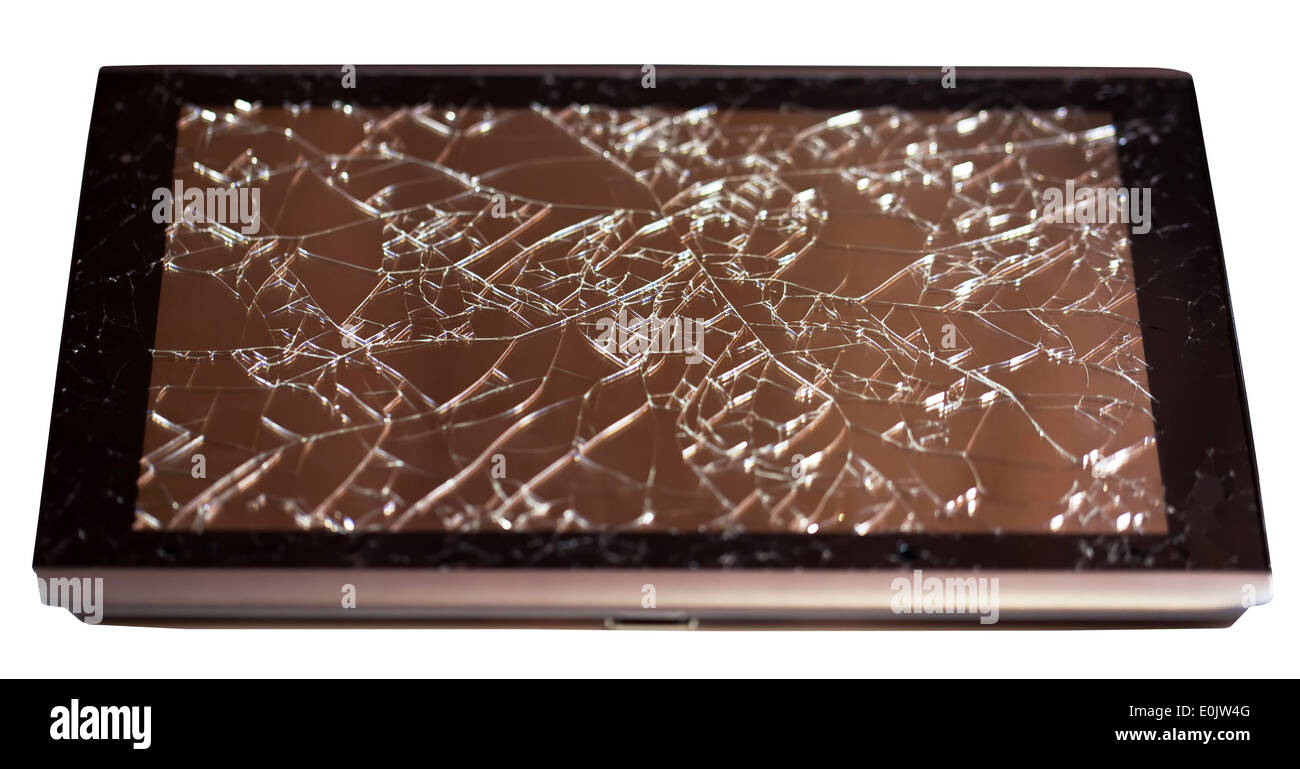 Tablet with broken touchscreen on white background Stock Photo