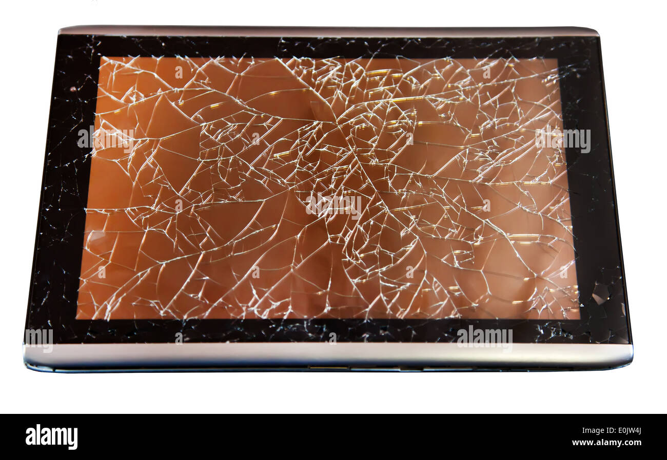 Tablet with broken touchscreen on white Stock Photo