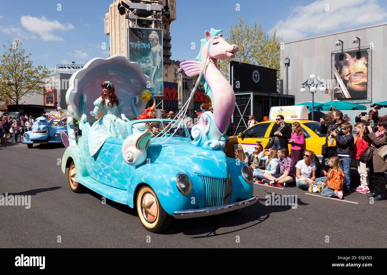 A  image of Ariel, from the Little Mermaid film, taking part  in the Stars 'n' Cars, Parade, Walt Disney Studios, Paris. Stock Photo