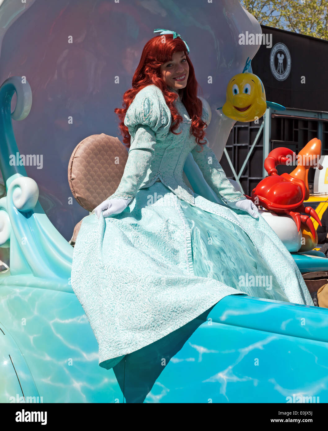 A close-up image of Ariel, from the Little Mermaid film, taking part  in the Stars 'n' Cars, Parade, Walt Disney Studios, Paris. Stock Photo