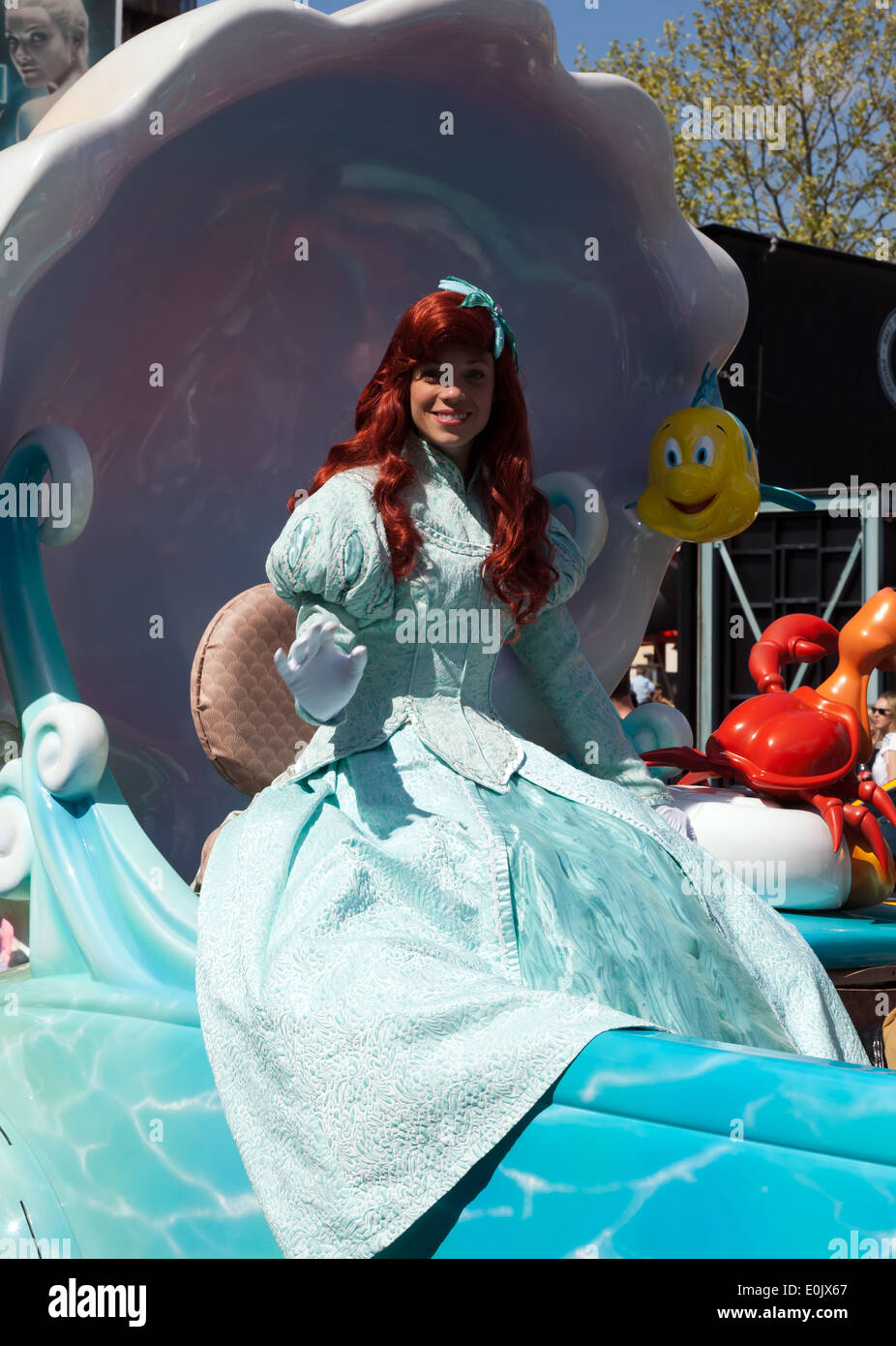A close-up image of Ariel, from the Little Mermaid film, taking part  in the Stars 'n' Cars, Parade, Walt Disney Studios, Paris. Stock Photo