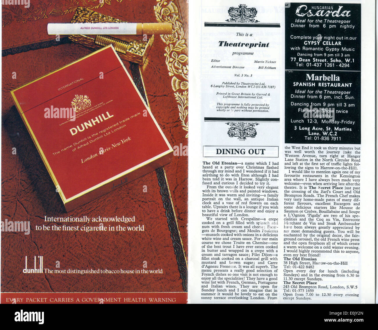 Cigarette advert advertising Dunhill on Garrick Theatre programme for 'Sleuth' 1973 Stock Photo