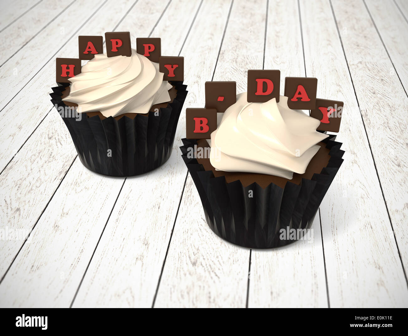 Illustration of muffins in black ramekins with cream and red chocolate ...