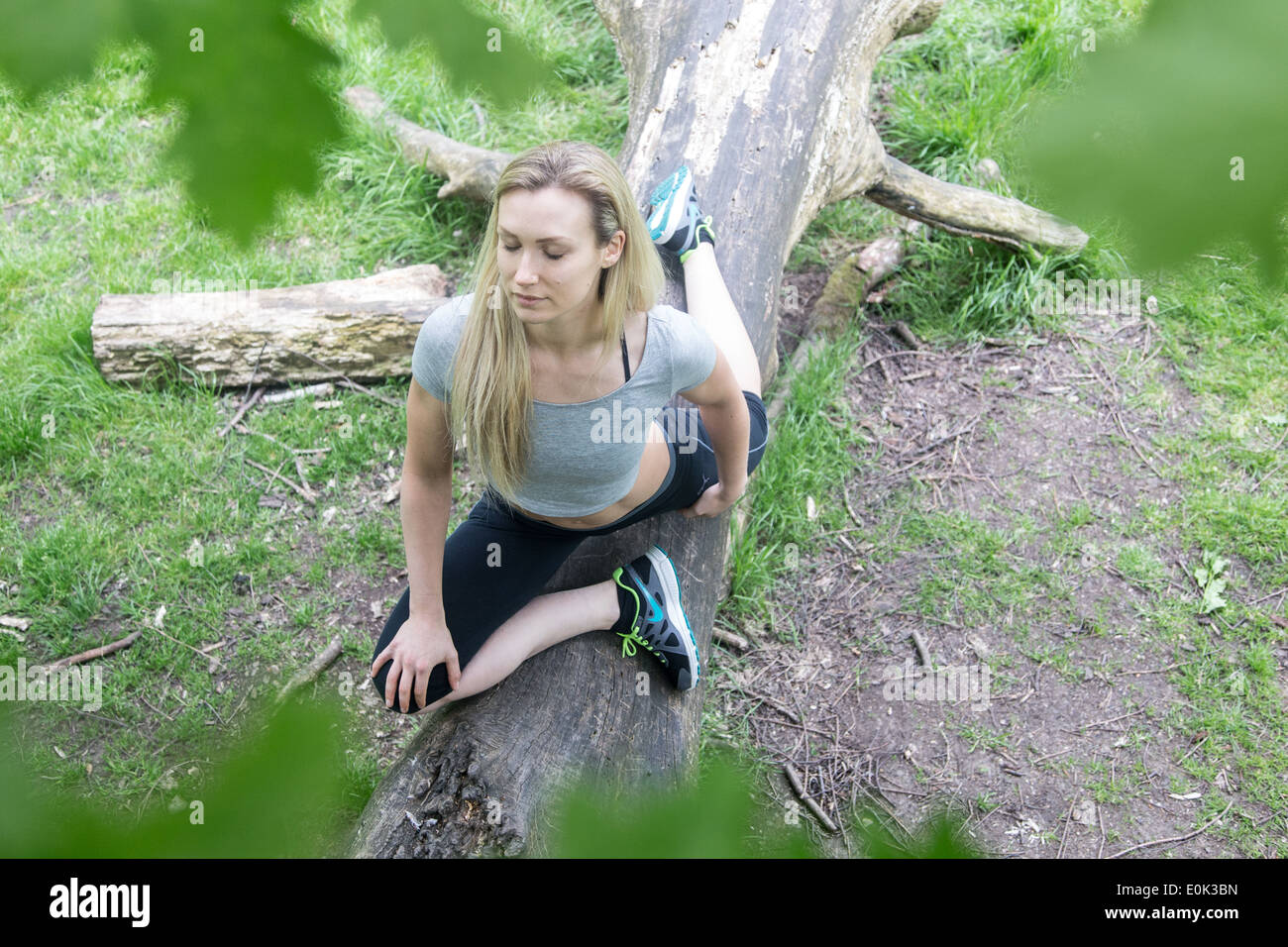 Blonde lady wearing black leggings and a grey crop top with eyes closed practicing yoga on a log on hampstead heath. Stock Photo