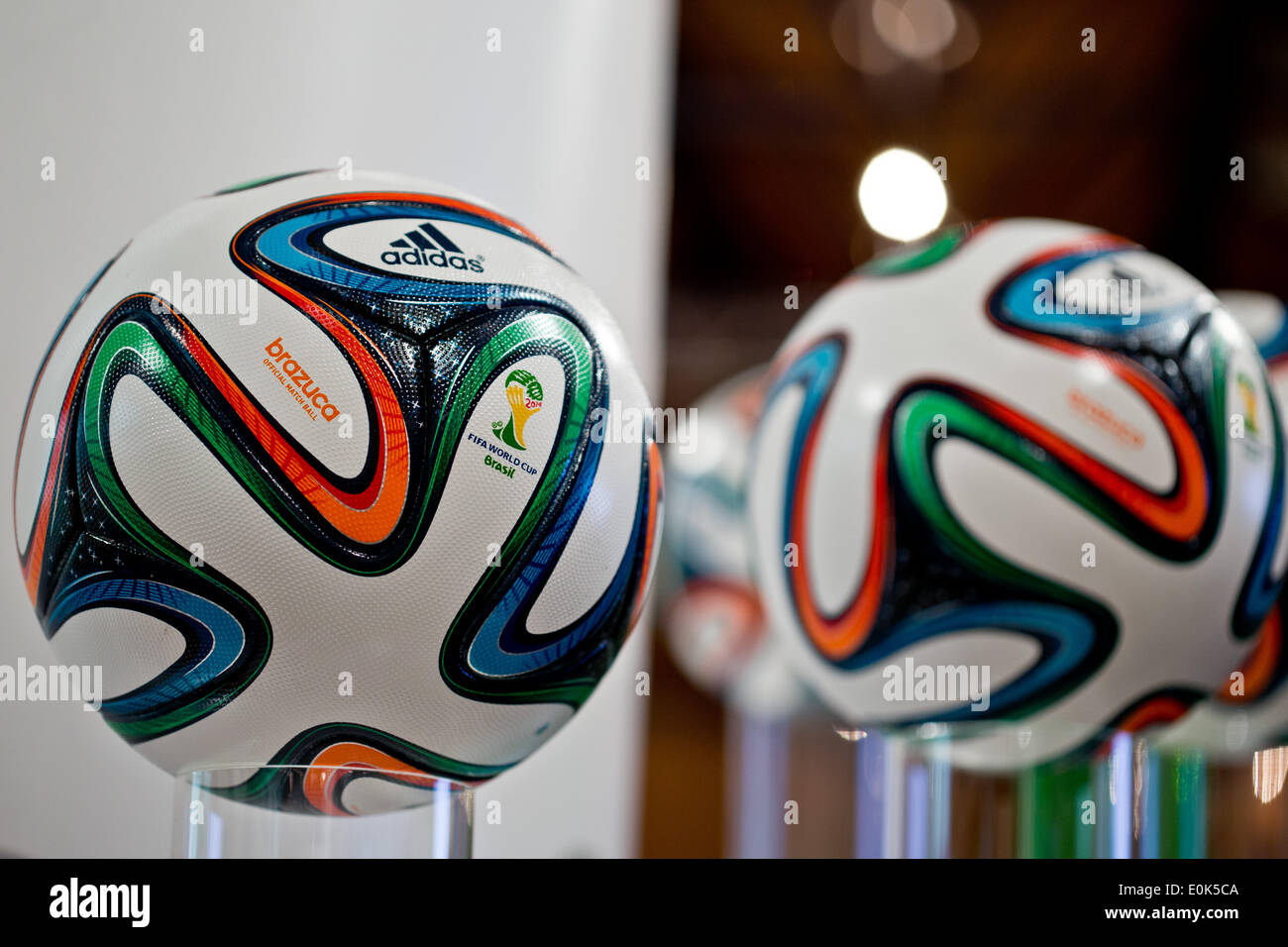 Fuerth, Germany. 08th May, 2014. The official ball for the upcoming soccer world championships in Brazil, the 'Brazuca', is pictured during the general meeting of sporting goods manufacturer adidas in Fuerth, Germany, 08 May 2014. Photo: DANIEL KARMANN/dpa/Alamy Live News Stock Photo