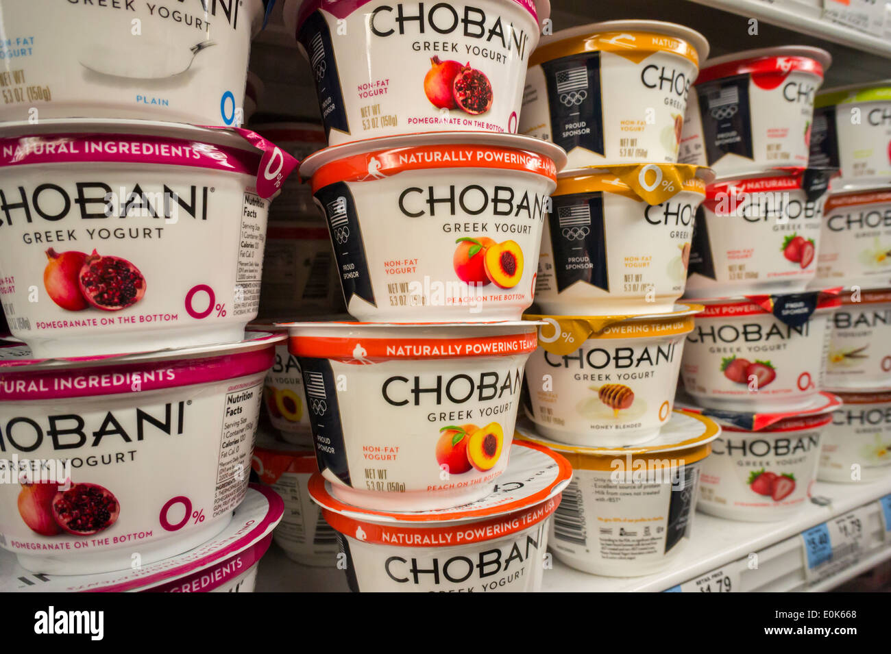 Containers of Chobani brand Greek style yogurt are seen on a supermarket shelf in New York Stock