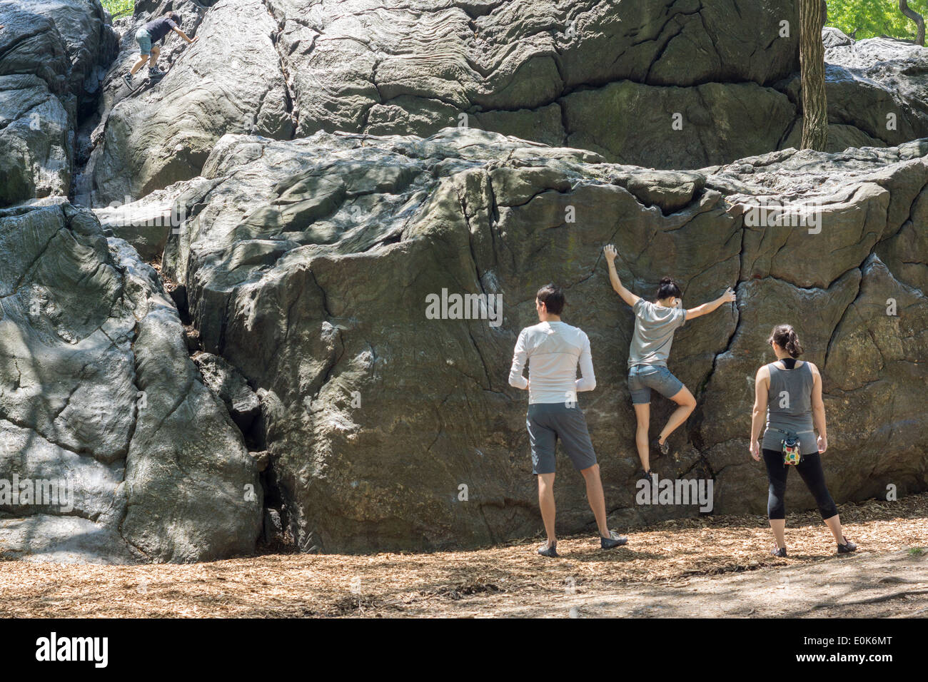 Bouldering enthusiasts on Rat Rock in Central Park in New York on Stock