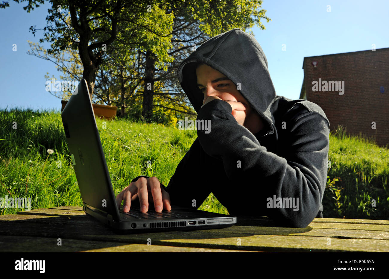 Young male student wearing a hoodie studying for exams on a laptop computer outside (posed by model) Stock Photo
