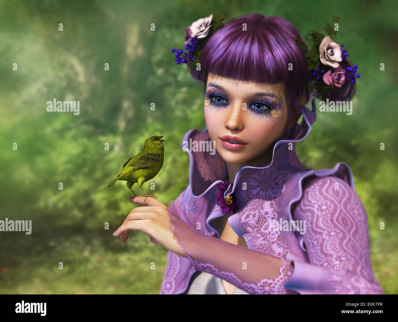 3d computer graphics of a girl with a bird on her finger Stock Photo
