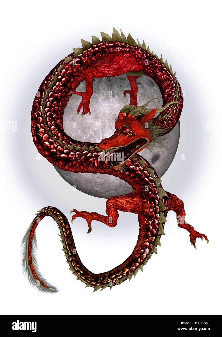 3D digital render of a red fantasy eastern dragon and a fool moon isolated on white background Stock Photo