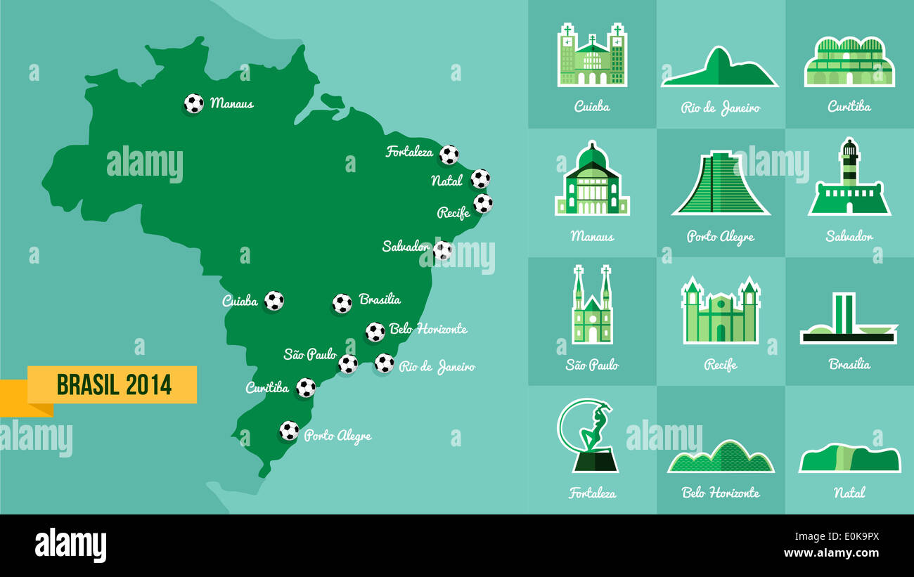 Soccer championship Brazil map with landmark of cities. EPS10 vector