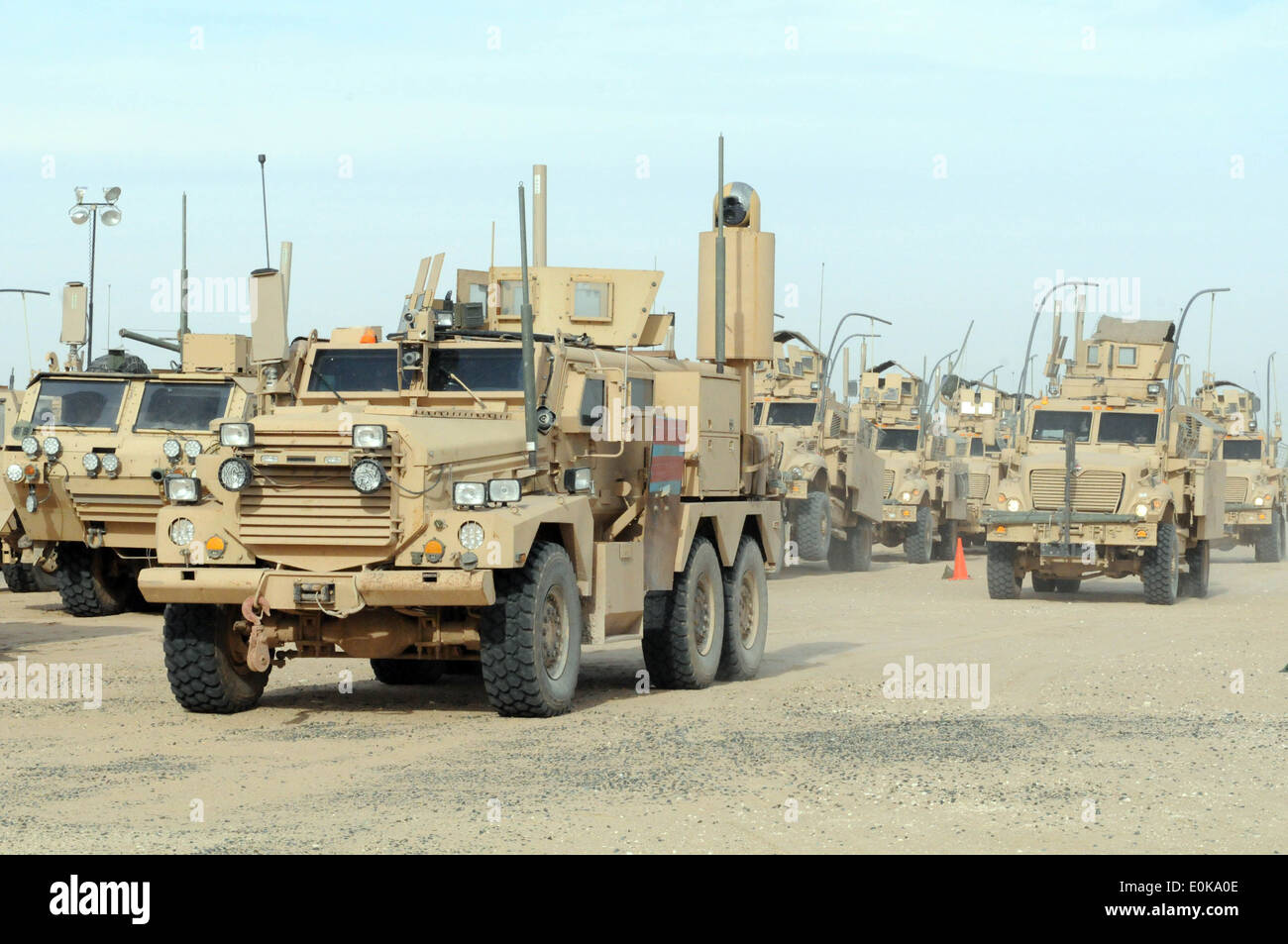 Vehicles from the 4-9 CAV arrive at Camp Virginia, Kuwait from Joint Base Balad, Iraq during the draw down. Stock Photo