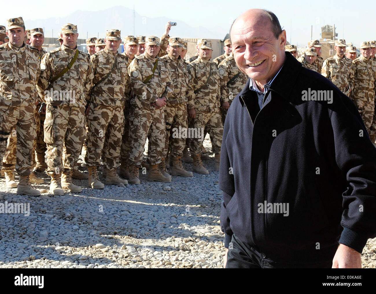 Romanian President Traian Basescu meets today with Romanian soldiers at Forward Operating Base Apache near Qalat in the Zabul p Stock Photo