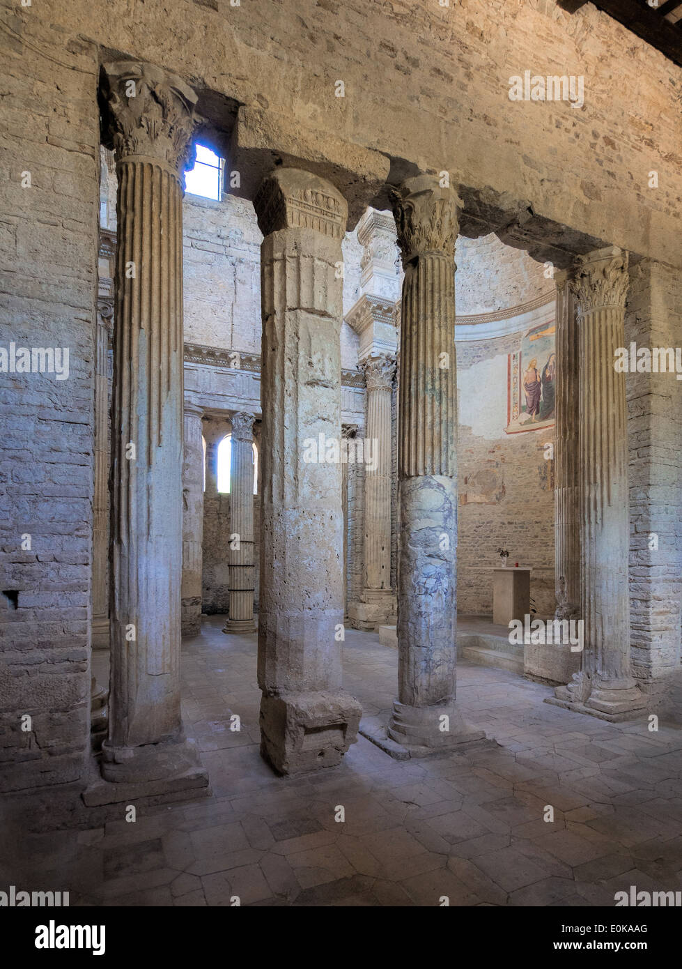 Romanesque church of San Salvatore in Spoleto, Umbria, Italy; interior view with columns Stock Photo