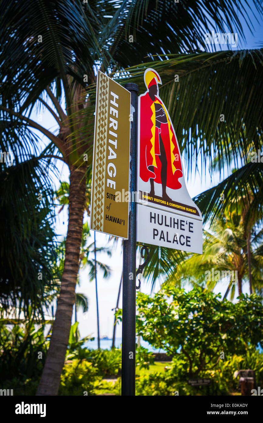 Hawaiian heritage sign at Hulihee Palace, Kailua-Kona, Hawaii, USA Stock Photo