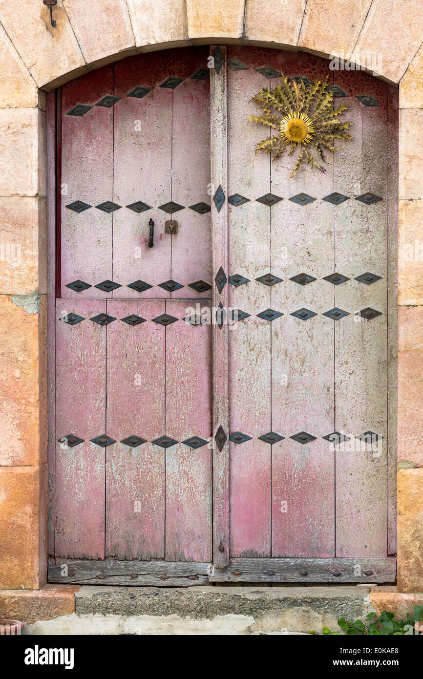 Typical Basque wooden doorway in town of Oroz Betelu in Navarre, Northern Spain Stock Photo