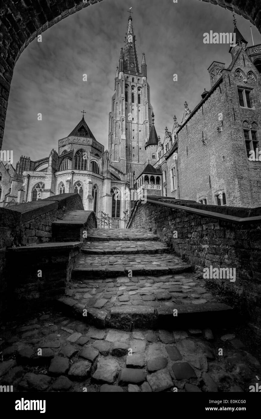 Grand Gothic style church in Bruges Belgium, it is called Church of Our Lady. Stock Photo