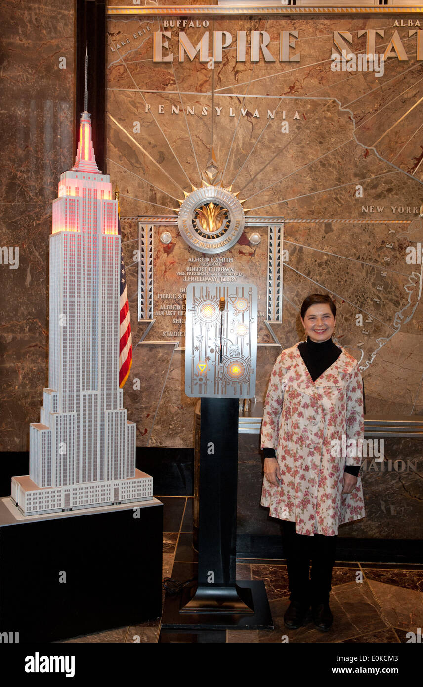 Manhattan, New York, USA. 15th May, 2014. ISABELLA ROSSELLINI lights the Empire State Building red on behalf of AIDS Walk New York and GMHC, Thursday, May, 15, 2014. Credit:  Bryan Smith/ZUMAPRESS.com/Alamy Live News Stock Photo
