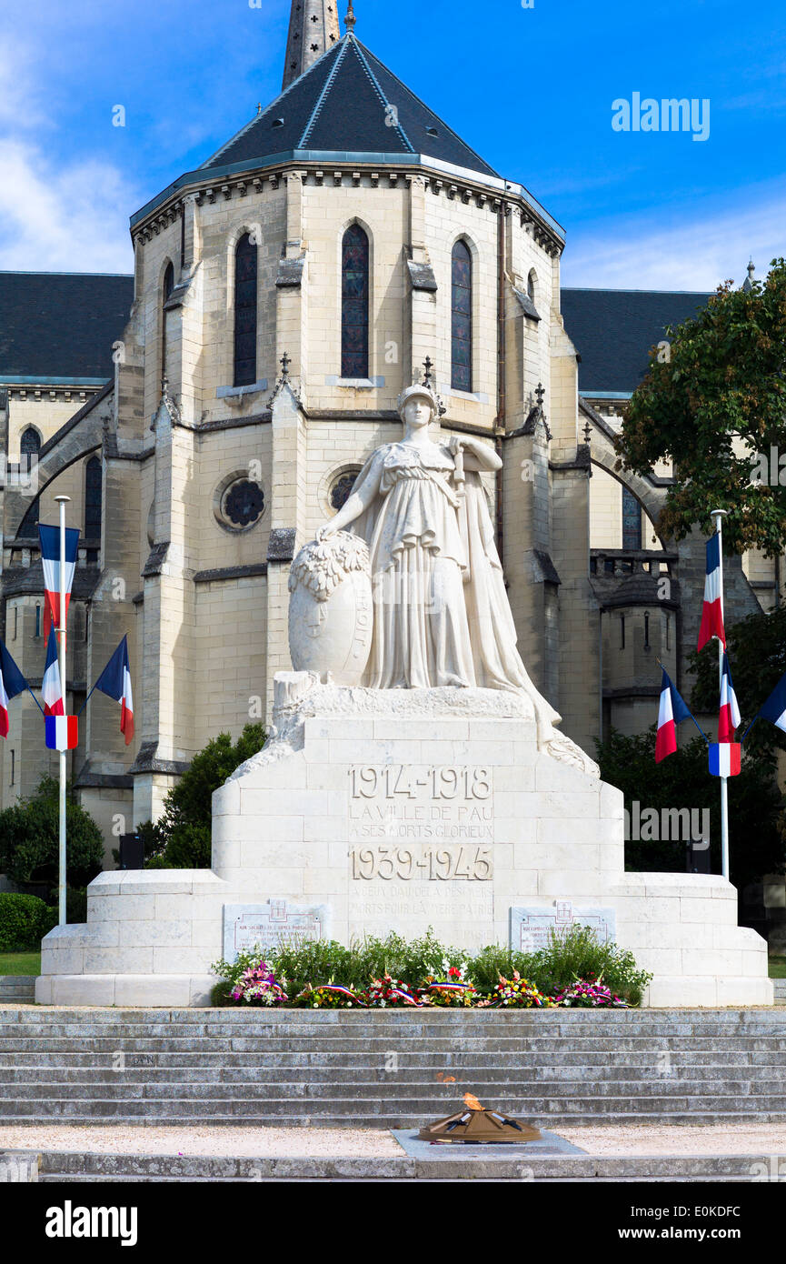 World War 1 and World War 2 memorial La Ville de Pau for dead soldiers of two world wars with floral tributes at Pau, France Stock Photo