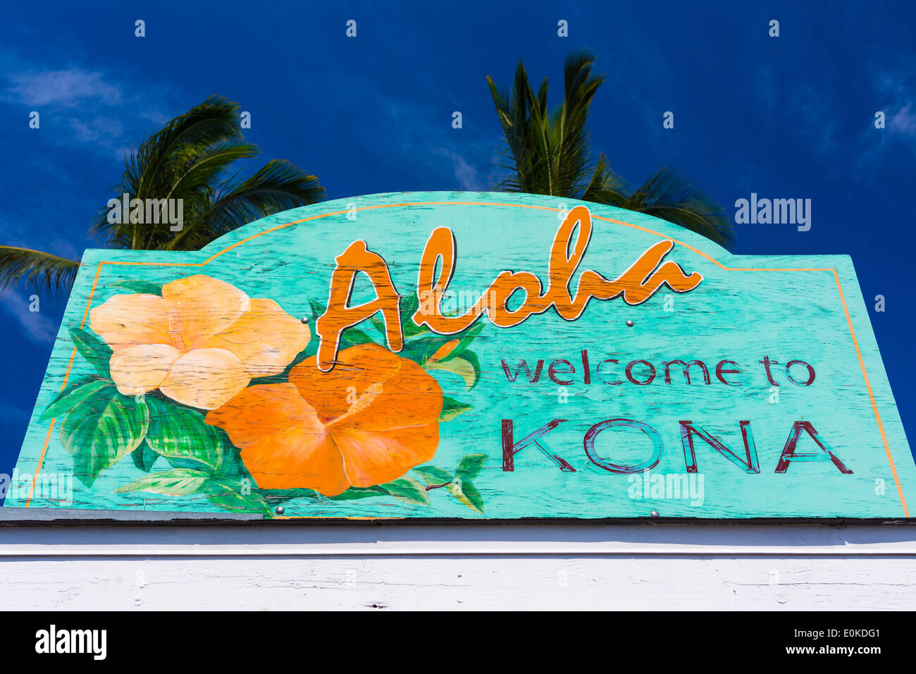 Welcome sign at Kailua Bay, Kailua-Kona, The Big Island, Hawaii USA Stock Photo