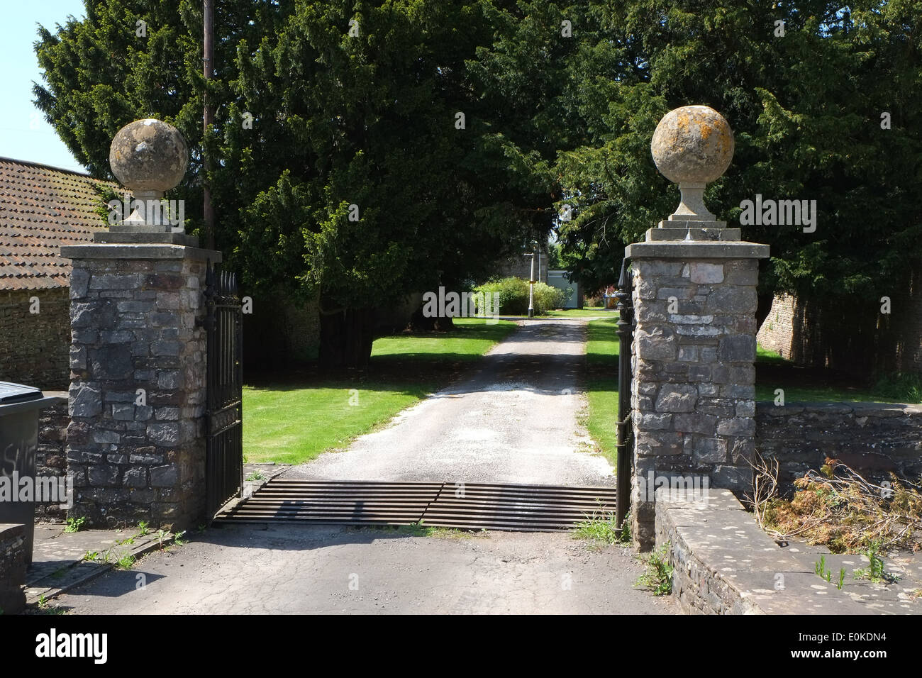 May 2014 - Large imposing gate posts to a large property in Winterbourne, South Gloucestershire. Stock Photo