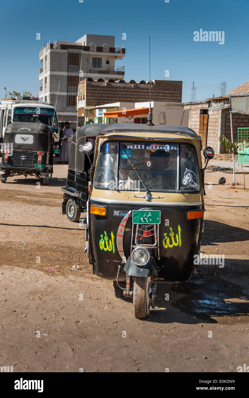 Auto Rickshaw (tuk-tuk) at the street of Wadi Halfa, northern Sudan Stock Photo