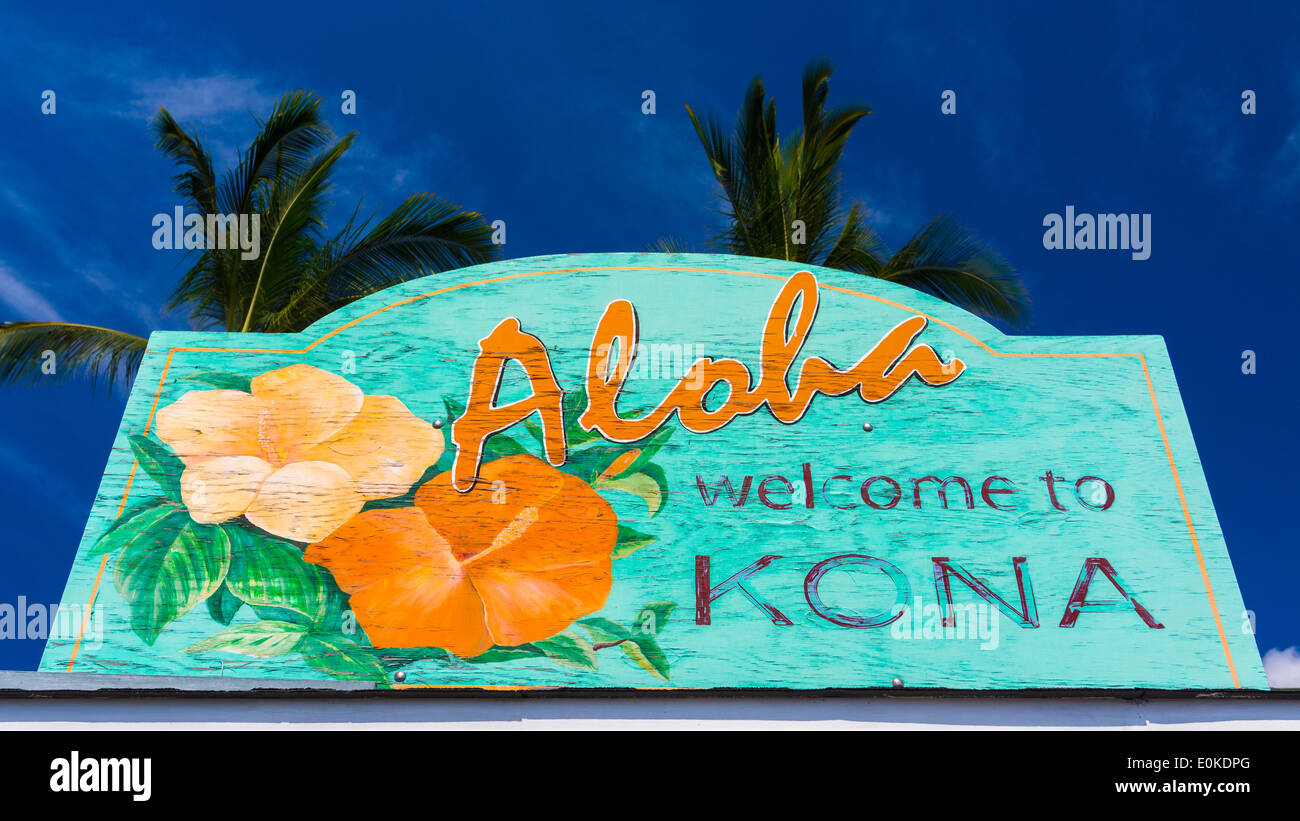 Welcome sign at Kailua Bay, Kailua-Kona, The Big Island, Hawaii USA Stock Photo
