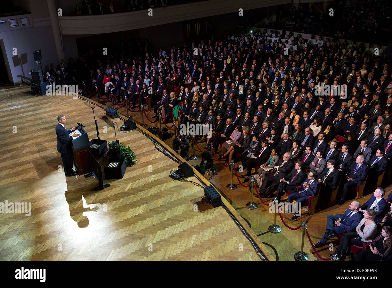 US President Barack Obama delivers remarks at the Palais Des Beaux Arts March 24, 2014 in Brussels, Belgium. Stock Photo