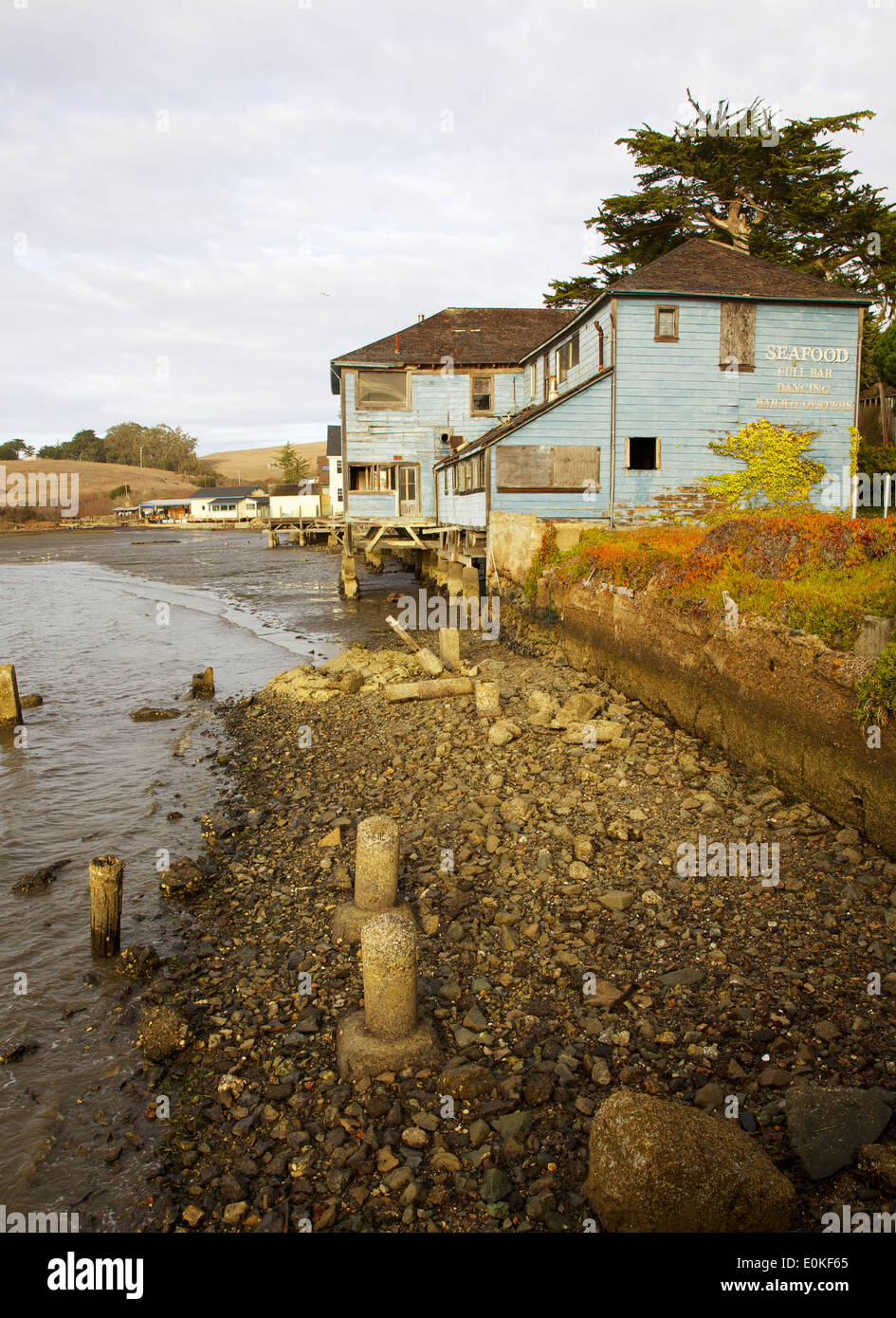 An old wooden building on Tomales Bay, Marshall, California, cement pilings and a rocky beach in the foreground. Stock Photo