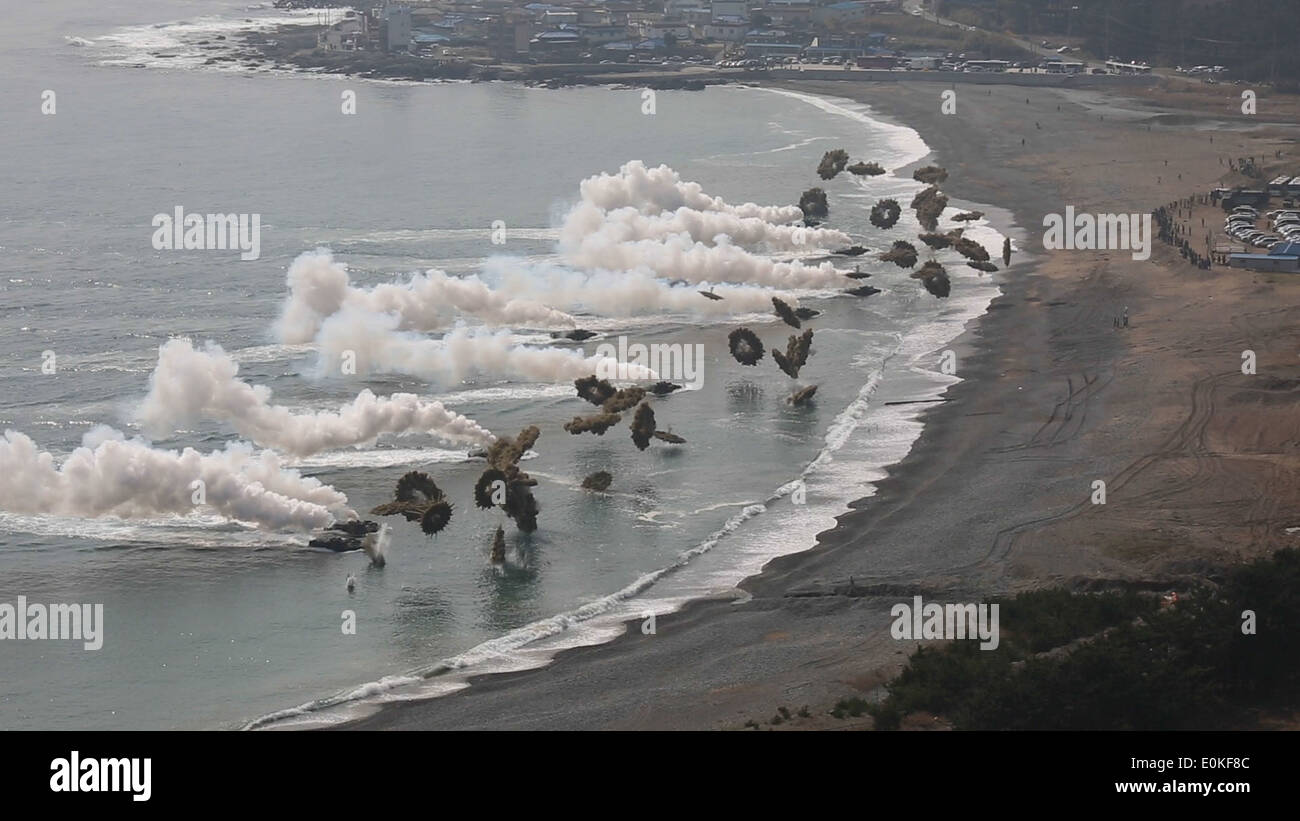 Republic of Korea and U.S. Marine amphibious assault vehicles deploy smoke grenades before storming the shoreline during the am Stock Photo