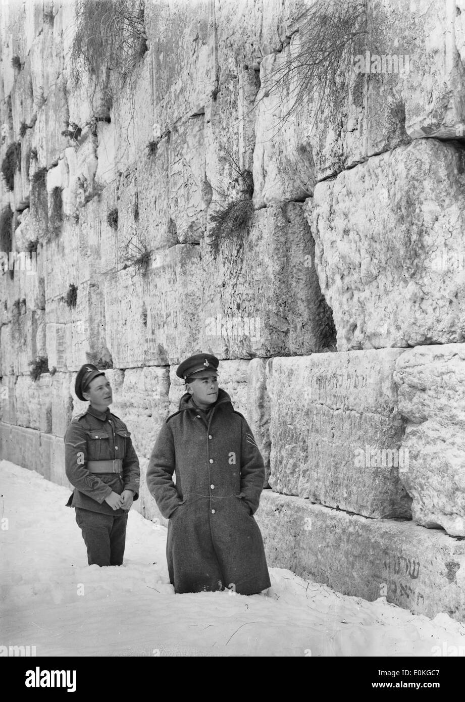 Snow in Jerusalem, 1921. British soldiers next to Wailing Wall Stock Photo
