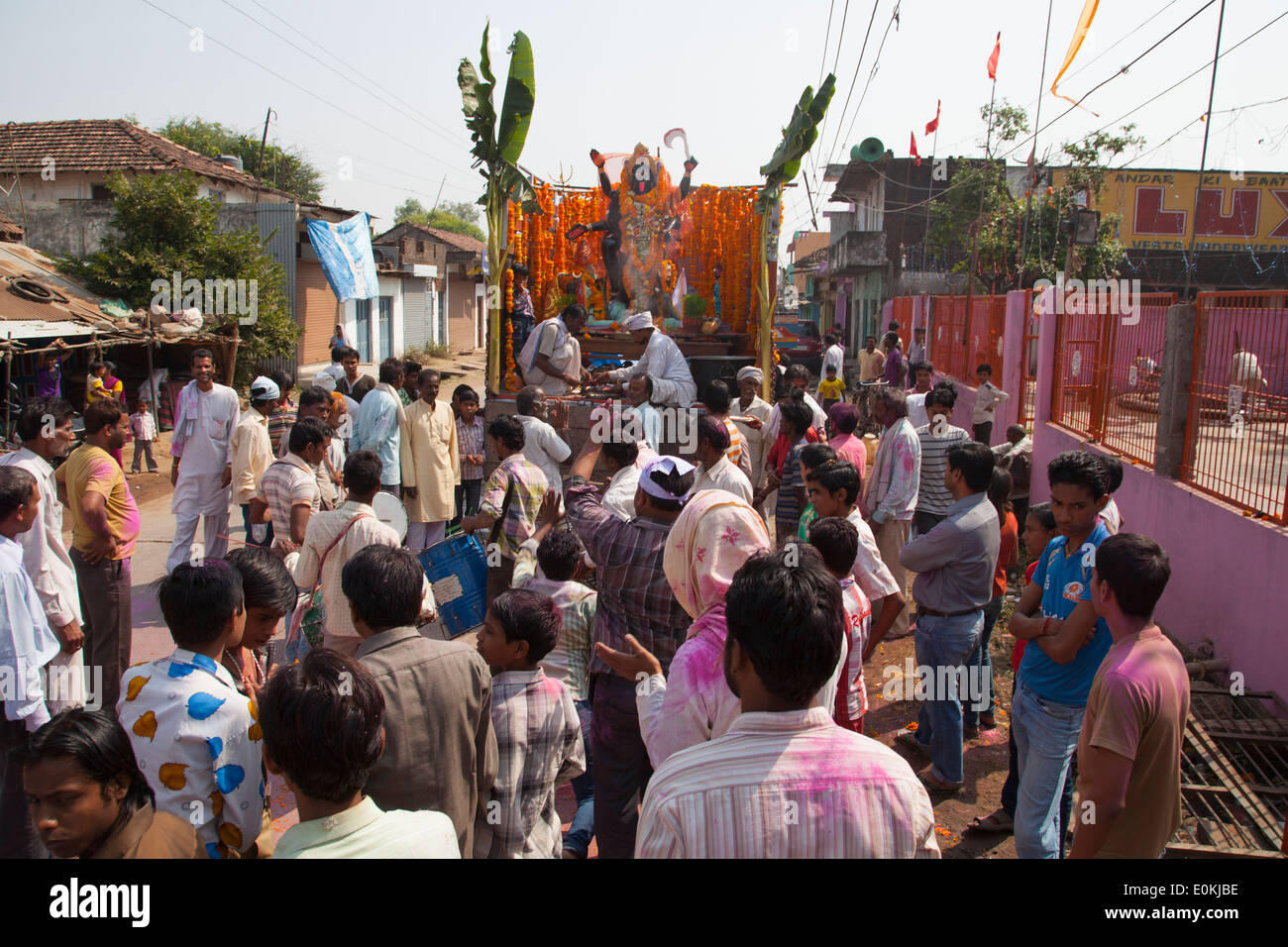 Kali statue being transported to a river during the Navrati festival leading up to Dussehra. Stock Photo