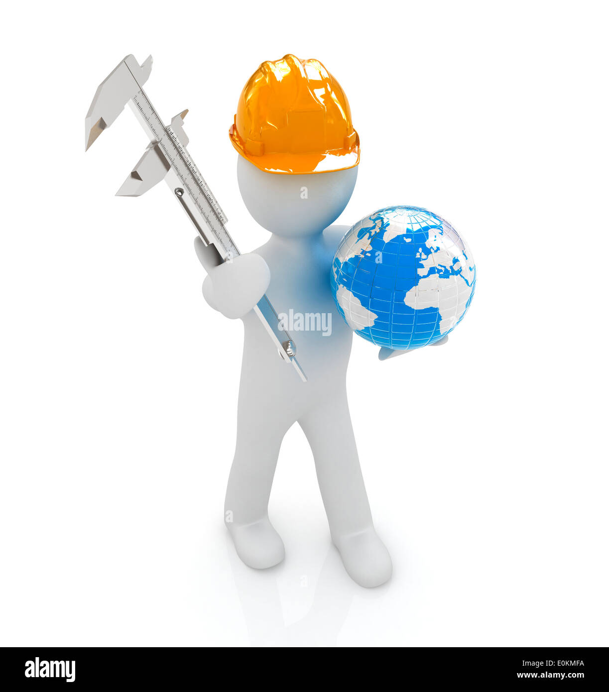 3d man engineer in hard hat with vernier caliper and Earth on a white ...