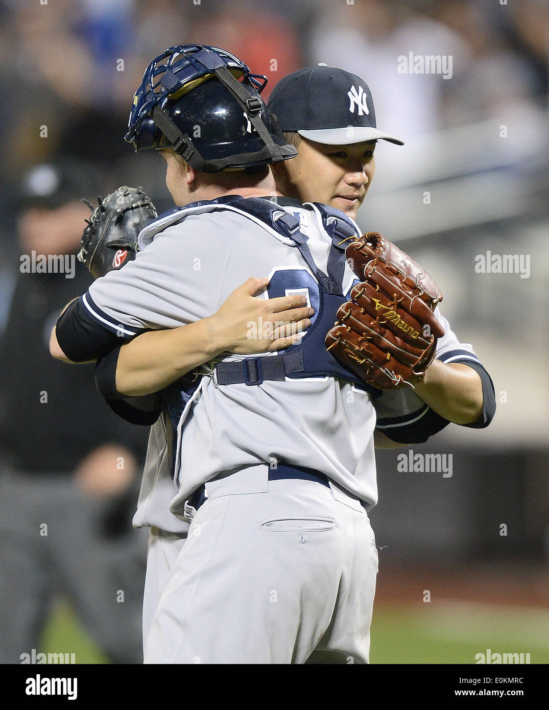 Flushing, New York, USA. 14th May, 2014. (F-B) Brian McCann, Masahiro Tanaka (Yankees) MLB : Pitcher Masahiro Tanaka of the New York Yankees celebrates his sixth win with his first shutout in the MLB with catcher Brian McCann after the Major League Baseball game against the New York Mets at Citi Field in Flushing, New York, United States . Credit:  AFLO/Alamy Live News Stock Photo