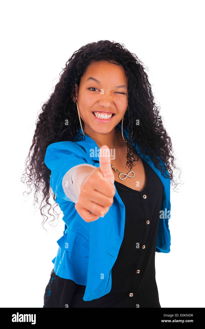 Thumbs up happy success for pretty young African American isolated Stock Photo