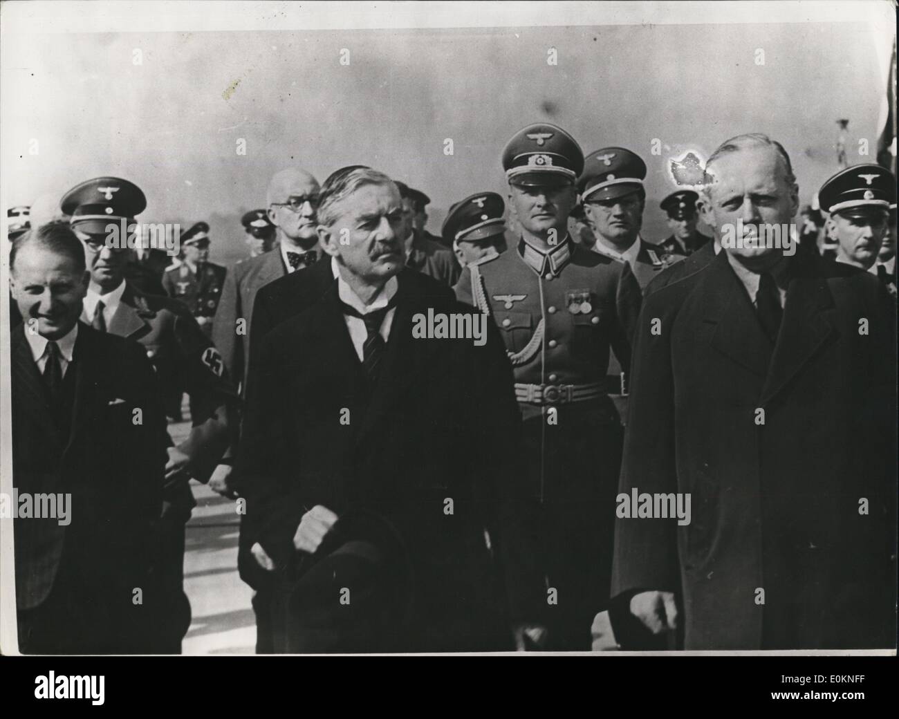 Jan. 1, 1930 - Neville Chamberlain with Herr Von Ribberntrop (right) in Cologe, en route for Godesburg to meet Hitler during Czech Crisis. (exact date unknown) Stock Photo