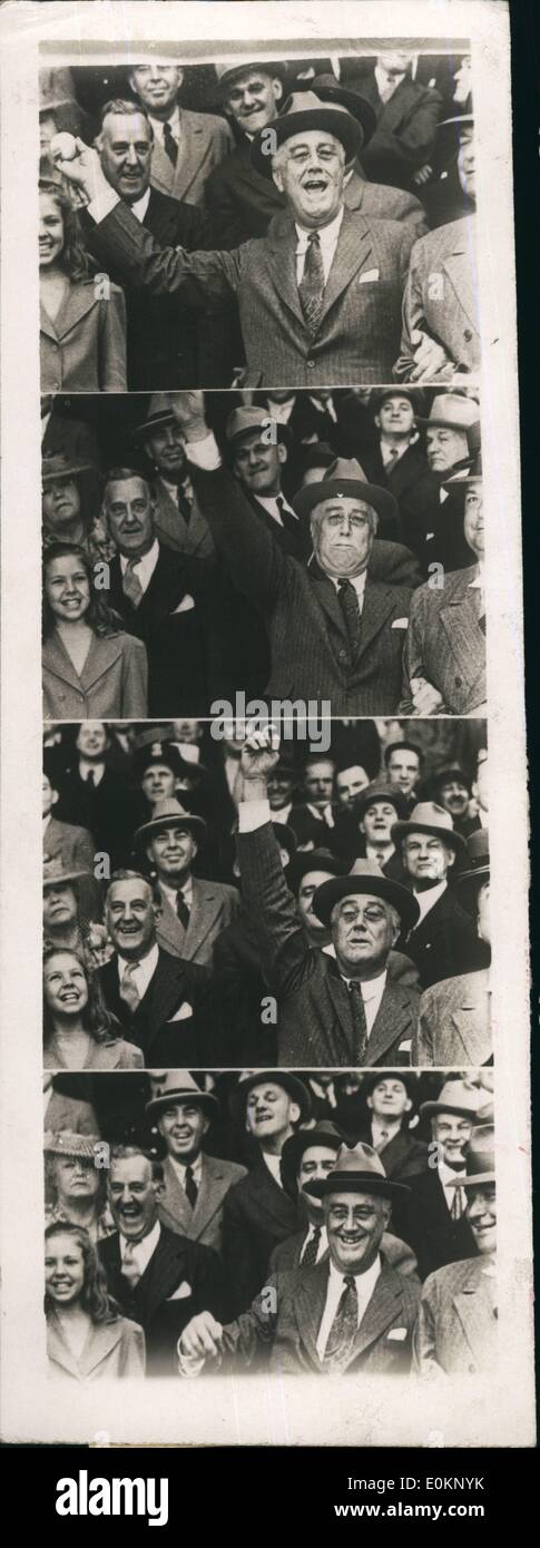 May 05, 1941 - The President Pitches: Photo Shows Happy se of pictures showing president Roosevelt Pitching the opening ball to start the 1941 Baseball season at Griffith stadium, Washington, D.c. He is steadying himself on Brig-Gen. Edwin Watson, his military Aide. On his right is Mr. Stephen Early, his secretary. The president proved as fine a hand at pitching the ball as his radio broad sides have devastated the EM Axis ''sase' Stock Photo